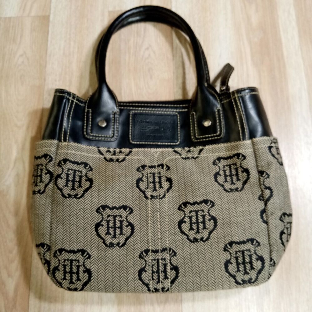 Tommy Hilfiger Purse Handbag Tote Brown‎ w/ Black Leather